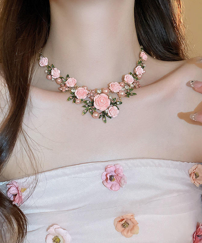 Collier avec pendentif floral en alliage d'argent sterling rose et zircons, RA008
