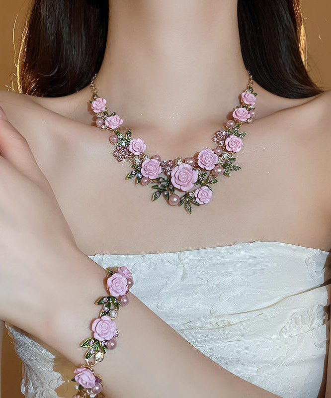 Collier avec pendentif floral en alliage d'argent sterling rose et zircons, RA008