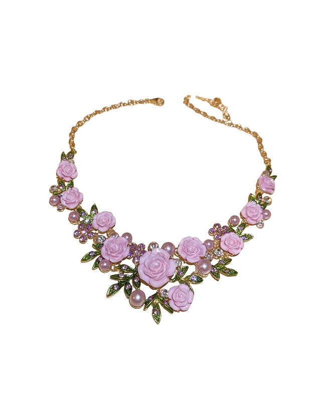 Collier avec pendentif floral en alliage d'argent sterling rose et zircons, RA008