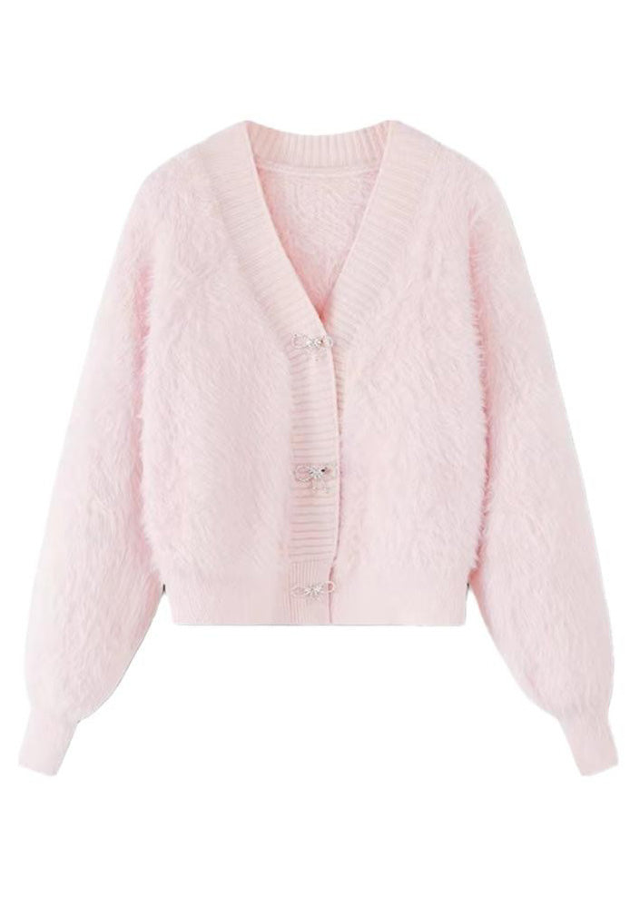 Joli cardigan tricoté en poils de vison rose à col en V et boutons pour l'hiver RP005
