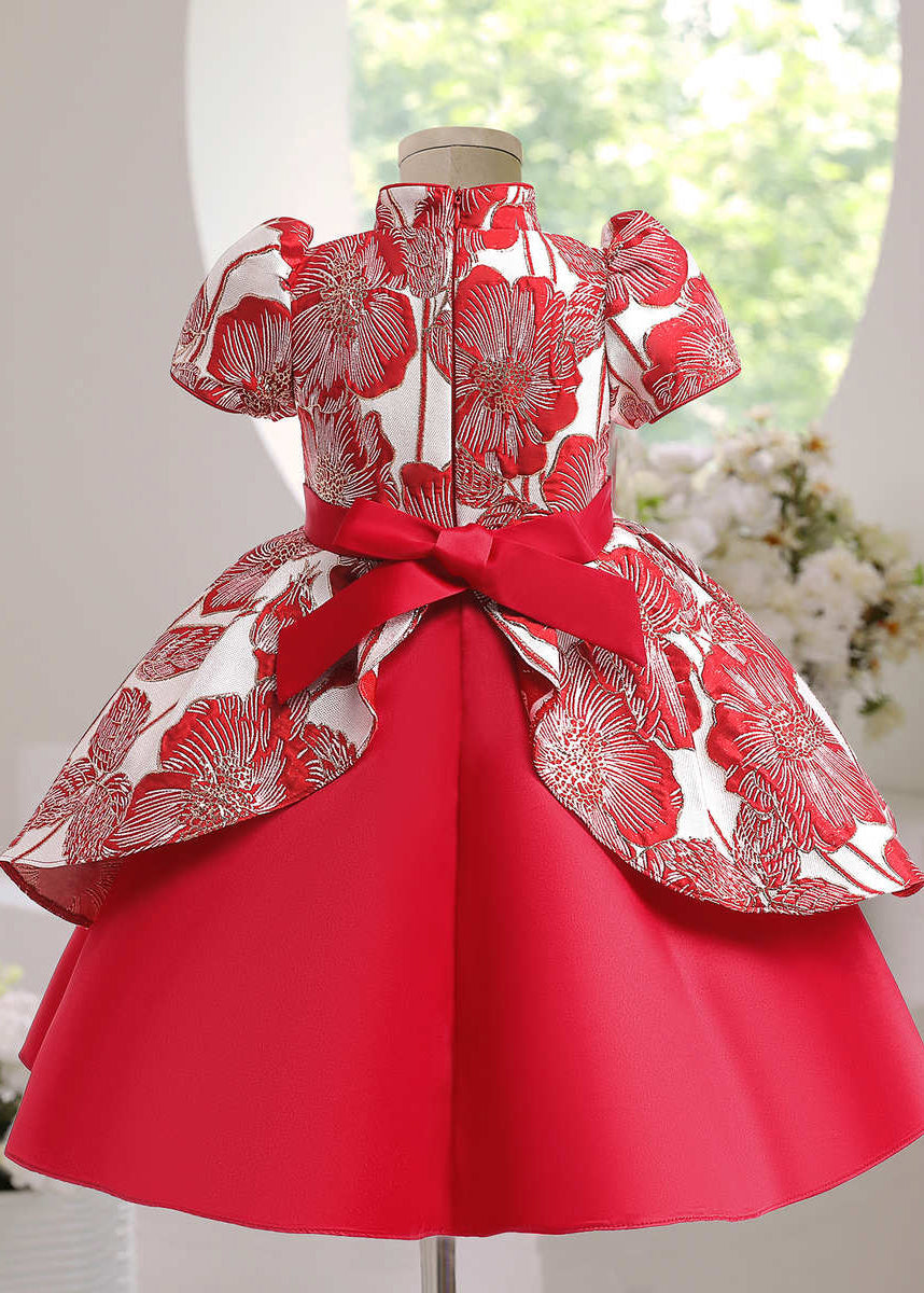 Rotes, kurzes, süßes Maxi-Kleid mit asymmetrischer Schleife und Print für Kinder