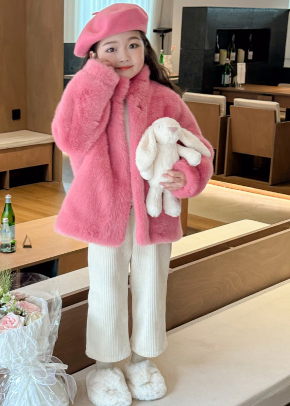 Manteau en velours et vison pour fille, joli col montant rose, hiver TG022