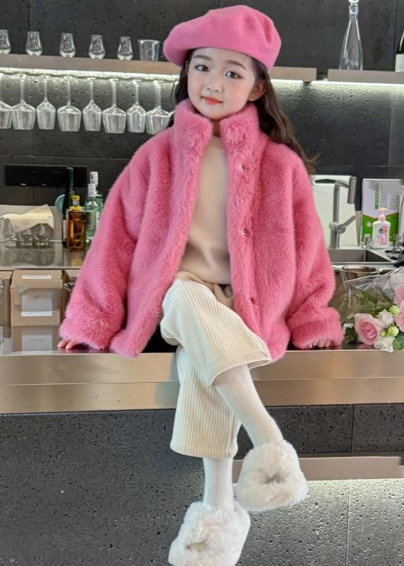 Manteau en velours et vison pour fille, joli col montant rose, hiver TG022