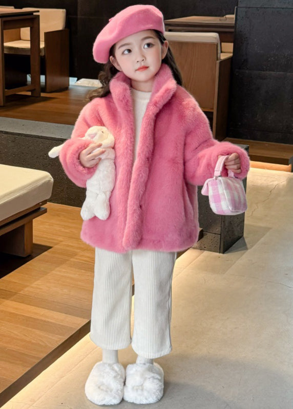 Manteau en velours et vison pour fille, joli col montant rose, hiver TG022