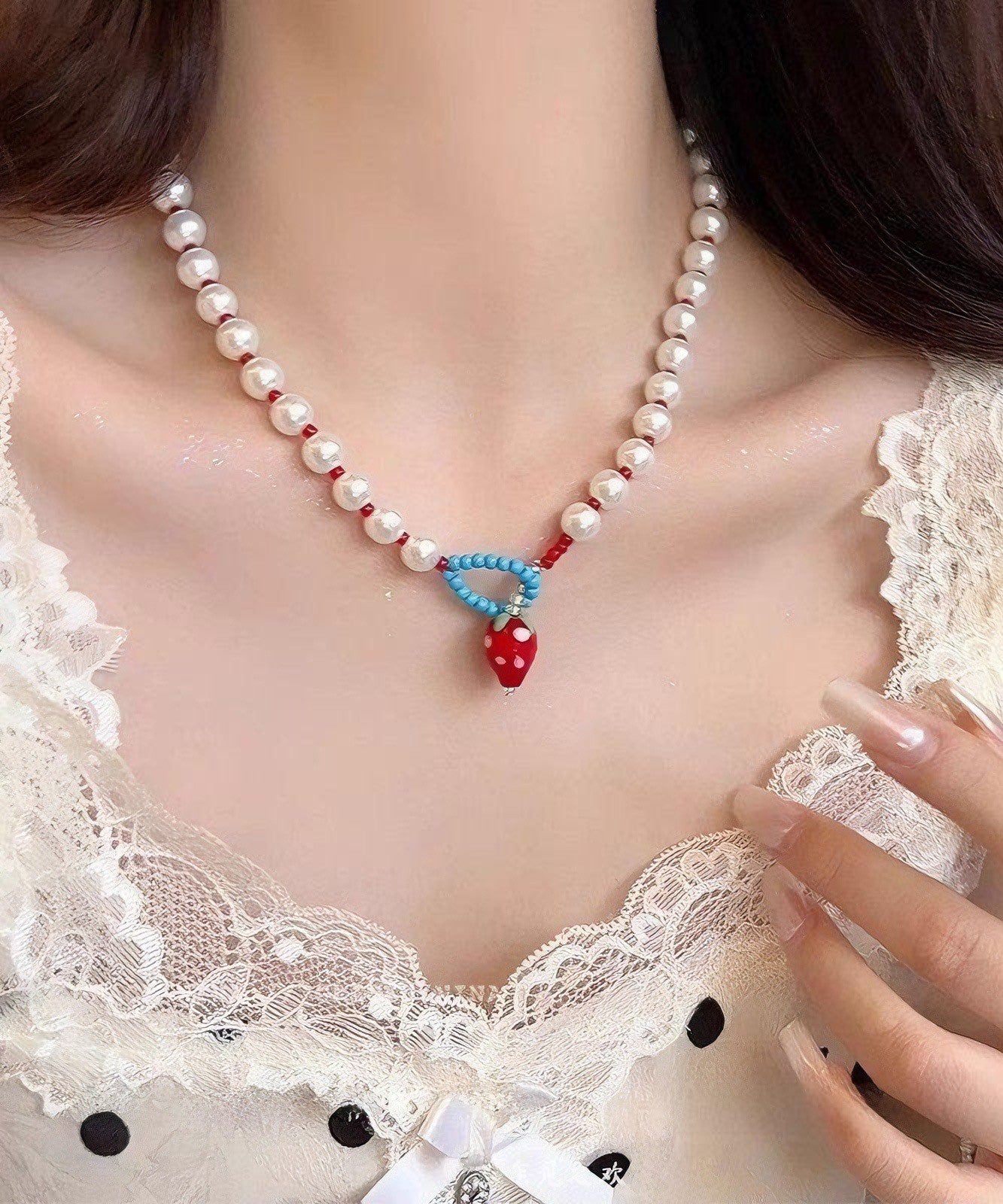 Princess Pearl Alloy Necklace Strawberries White Cute