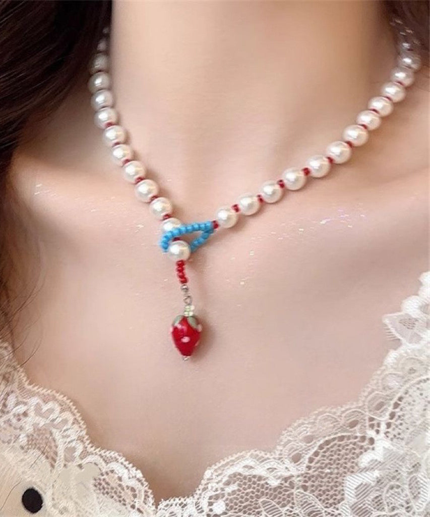 Princess Pearl Alloy Necklace Strawberries White Cute