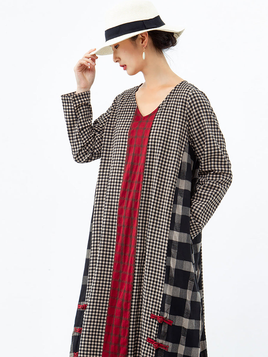 Plus Size Different Colored Plaid Retro Cotton Linen Dress AA1054