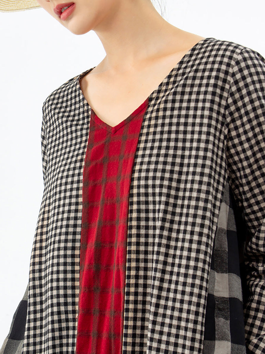 Plus Size Different Colored Plaid Retro Cotton Linen Dress AA1054