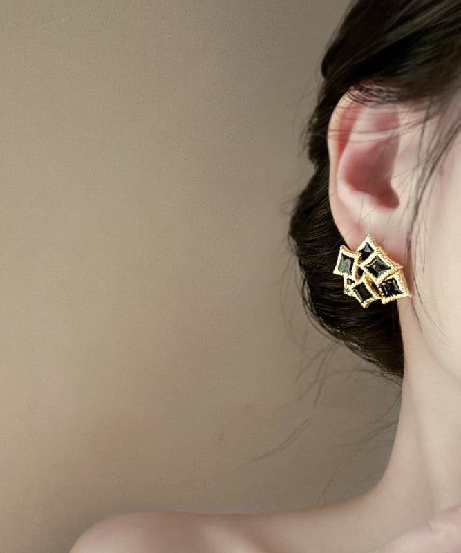 DIY Black Sterling Silver Overgild Drip Glaze Geometry Stud Earrings YX020