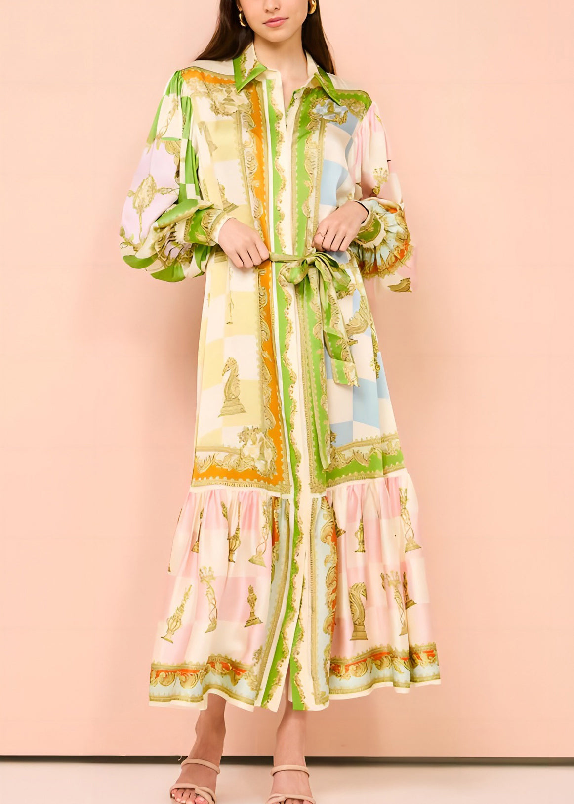 Krawattenknopf DIY Maxi Grünes Kleid Laternenkragen Peter Pan Taille