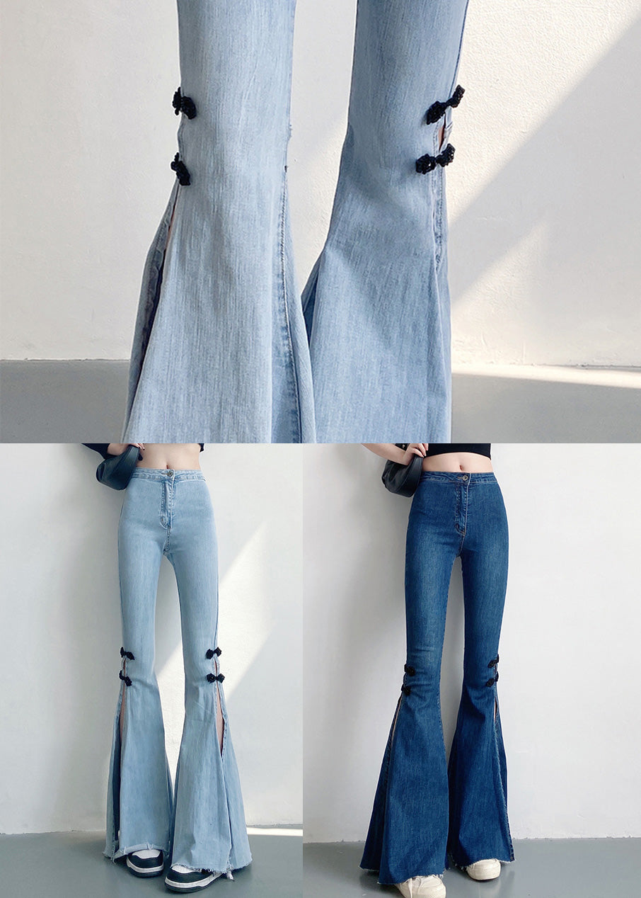 DIY Hellblaue chinesische Knopfseite Offene Denim Flare Bottoms Frühling YF019