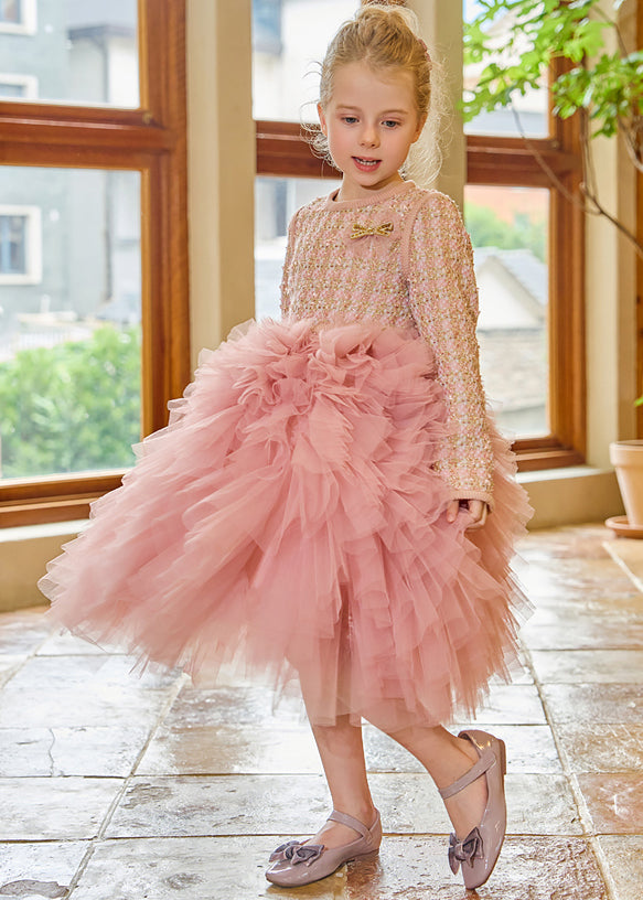Robe longue rose en tulle à col rond pour enfant, DIY, hiver, RP048