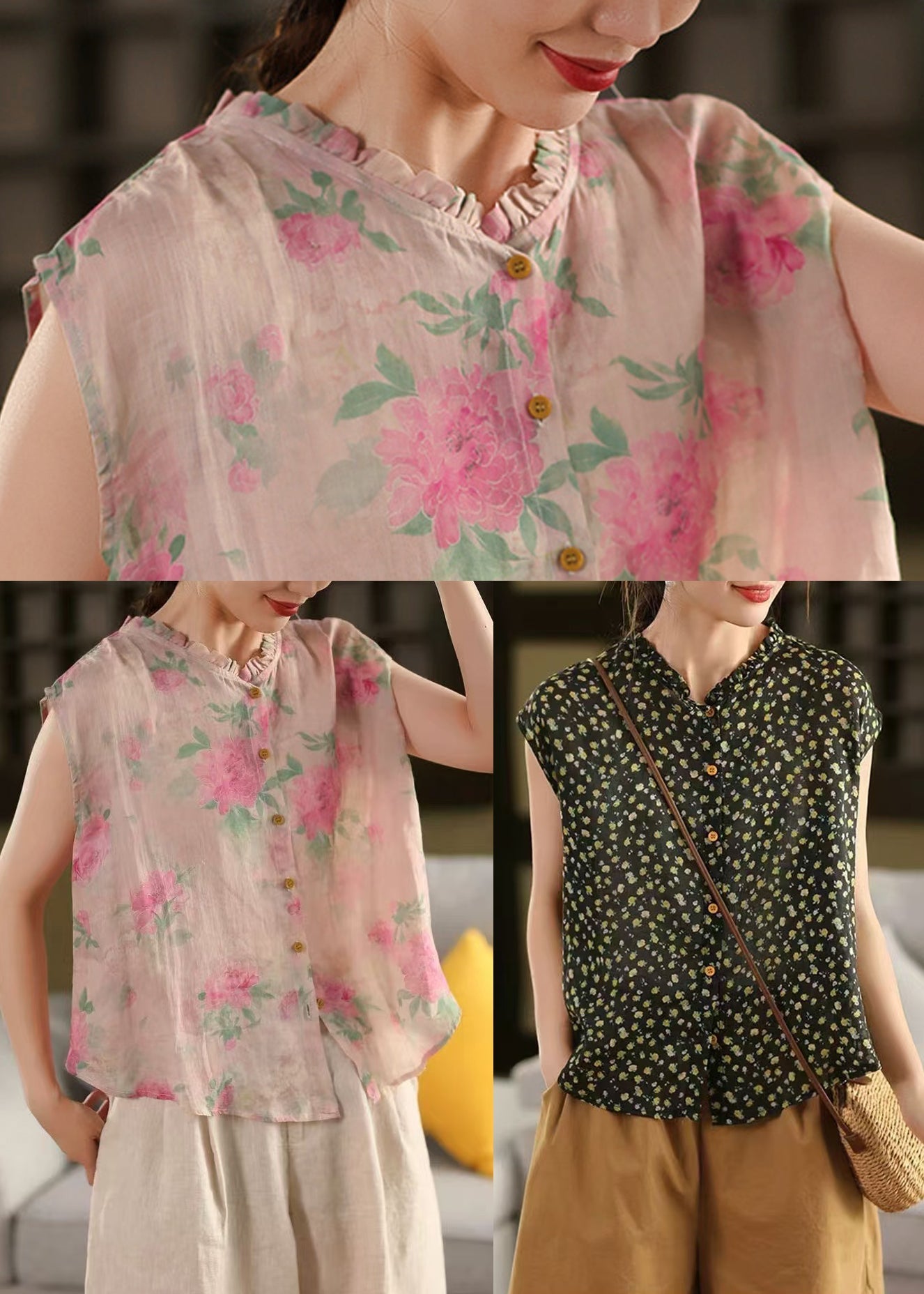 Sleeveless Ruffled Linen Print DIY Tops Pink