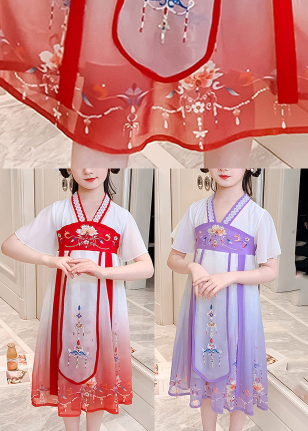 DIY Purple Embroidered Tassel Tulle Girls Long Dresses Summer GF010