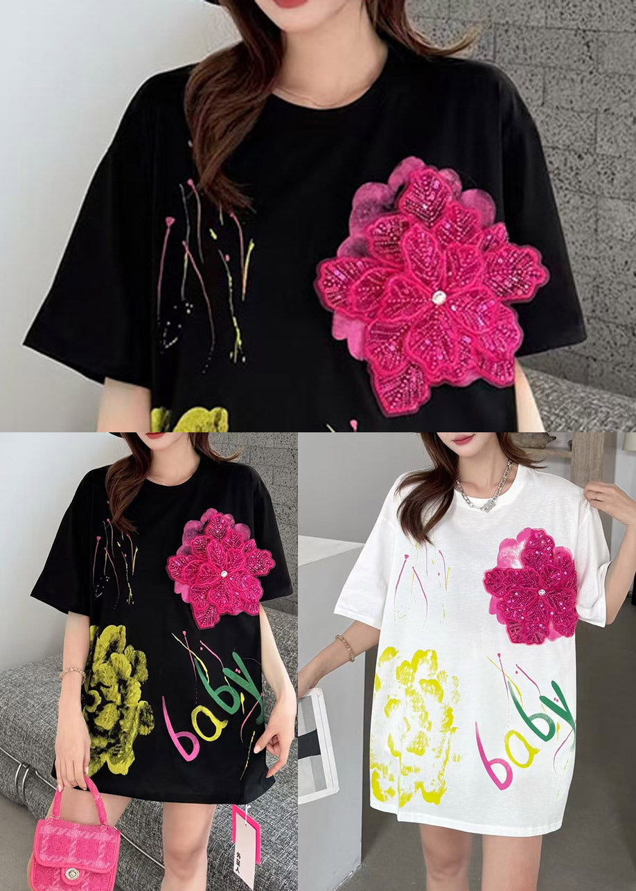 Verzierte Baumwolle Blumen Oversized Tops Tank DIY Sommer Weiß