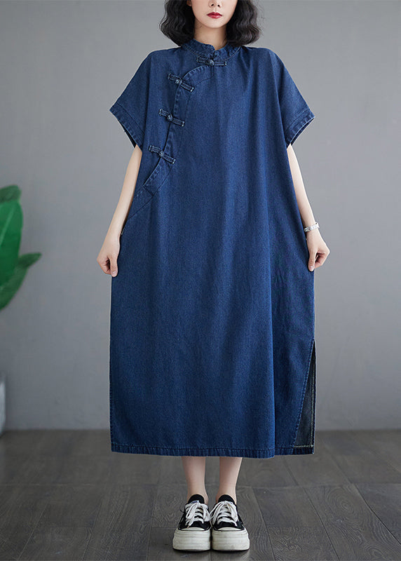 Knopfkleid Patchwork Denim Blau Lang Sommer Seite Dunkel Offen