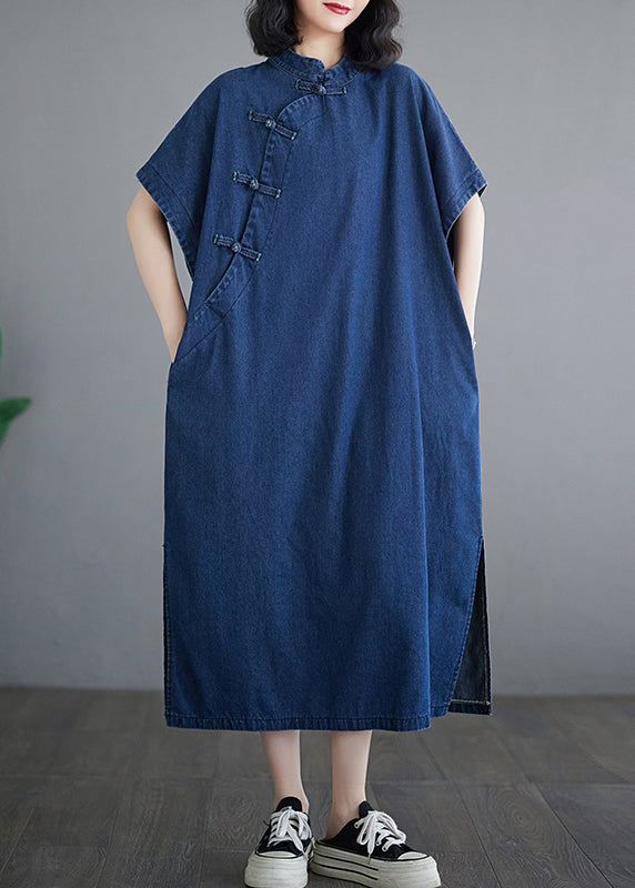 Knopfkleid Patchwork Denim Blau Lang Sommer Seite Dunkel Offen
