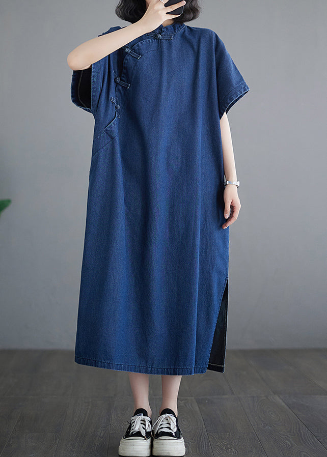 Knopfkleid Patchwork Denim Blau Lang Sommer Seite Dunkel Offen