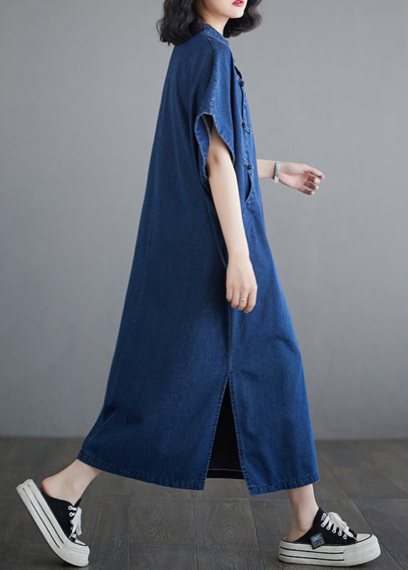 Knopfkleid Patchwork Denim Blau Lang Sommer Seite Dunkel Offen