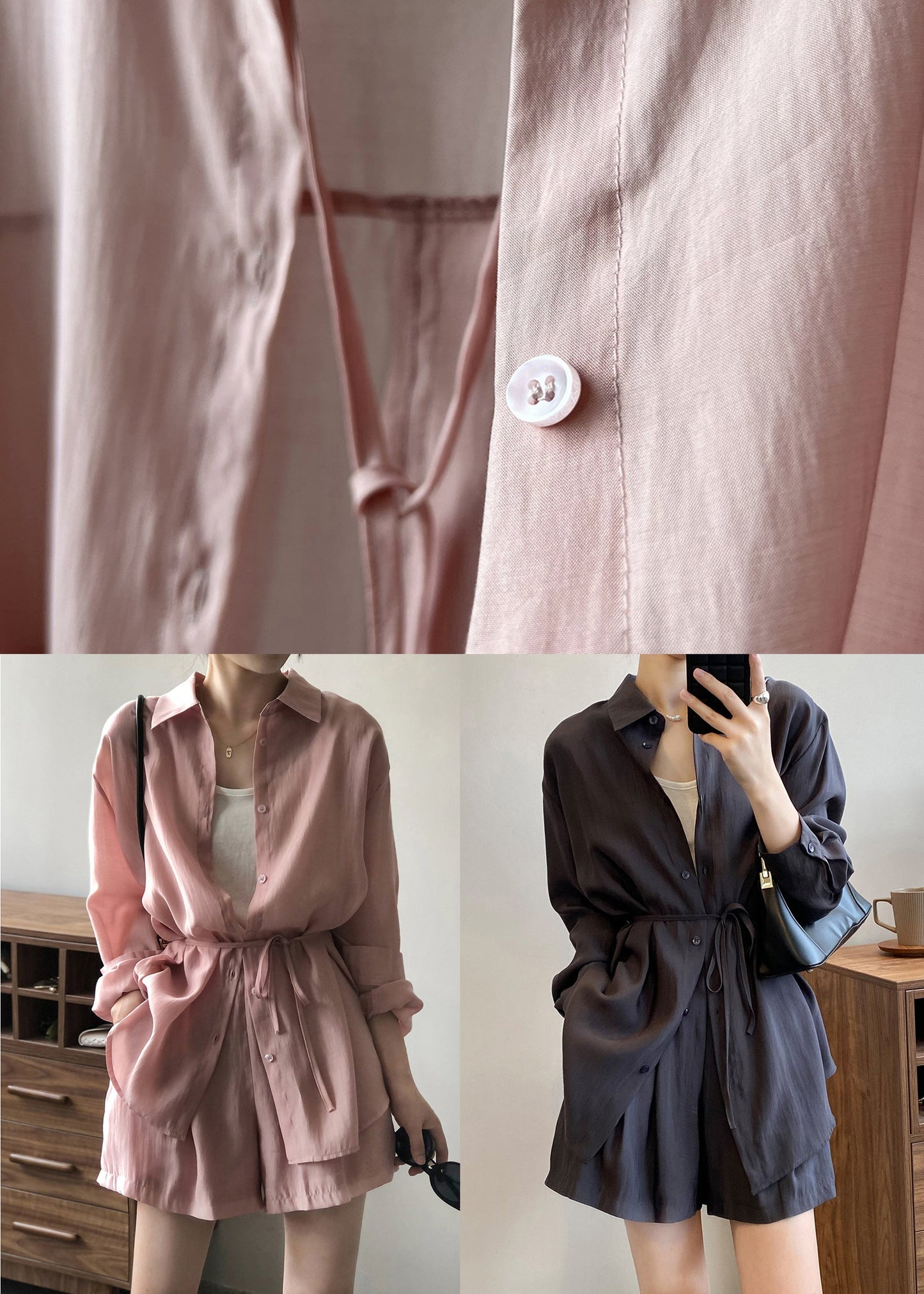 Ensemble deux pièces en soie unie à boutons gris foncé et col Claudine