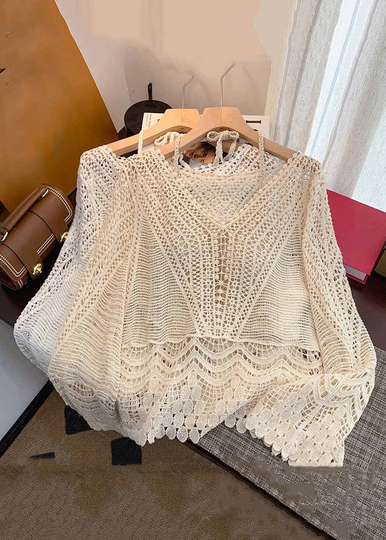 Deux pièces élégantes en tricot abricot de printemps en dentelle creuse