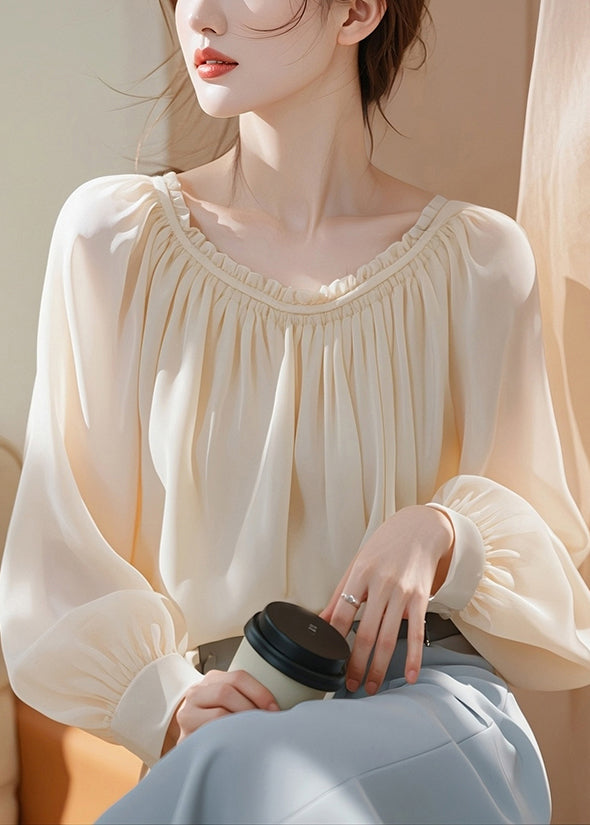 Chemise élégante en mousseline unie à volants abricot, printemps TY008