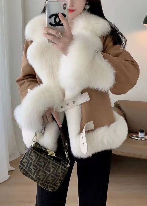 Eleganter Beige Pelzkragen Patchwork Wollmantel Winter RZ035