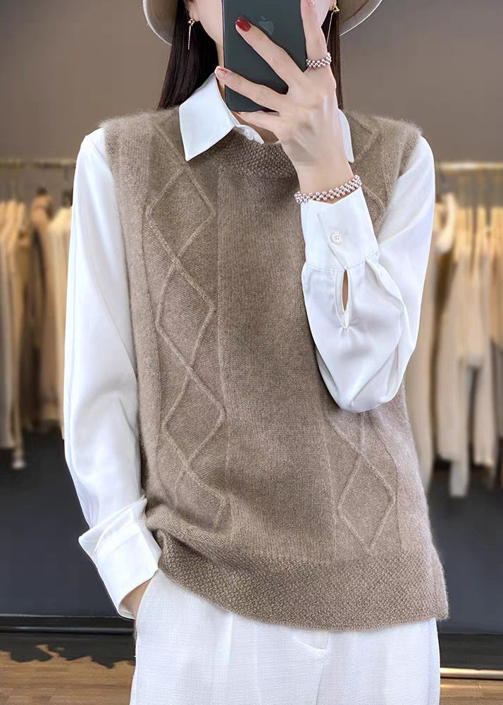 Elegante beige O-Ausschnitt gemütliche Strickweste ärmellos TF007