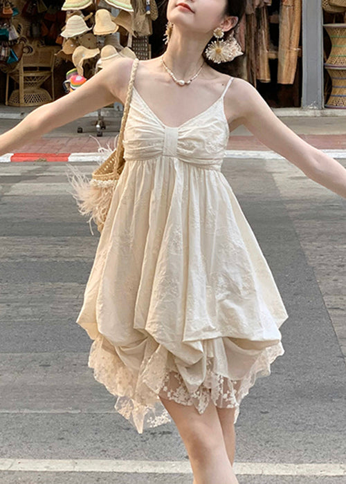 Elegant V Mini Dresses Beige Cotton Sleeveless Neck Lace