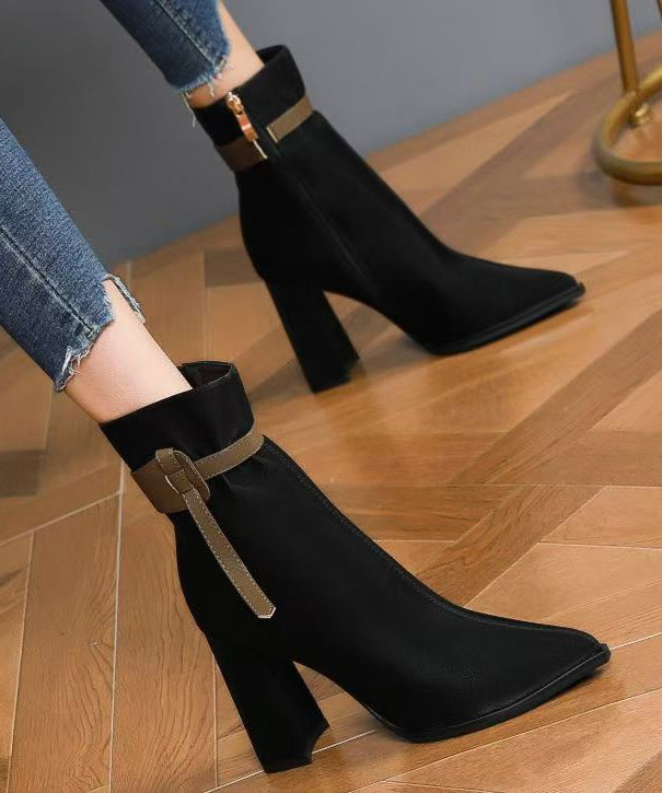 Elegante schwarze Kunstleder-Spleißstiefel mit spitzer Spitze TE006