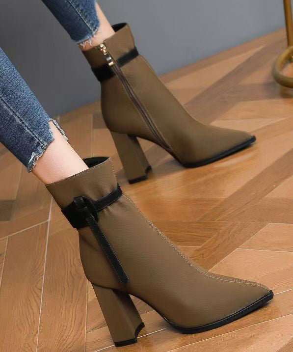 Elegante schwarze Kunstleder-Spleißstiefel mit spitzer Spitze TE006