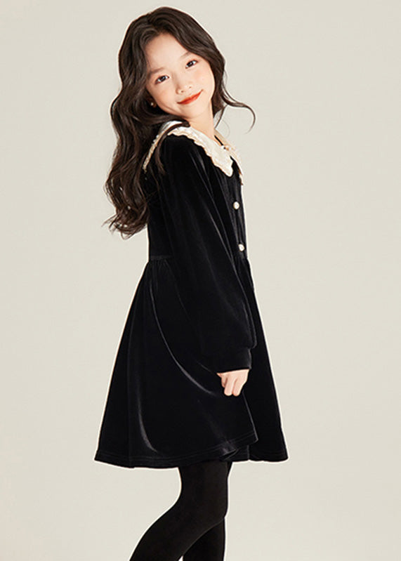 Robe mi-longue élégante en velours de soie et perles noires pour filles, tenue de vacances, printemps TG001