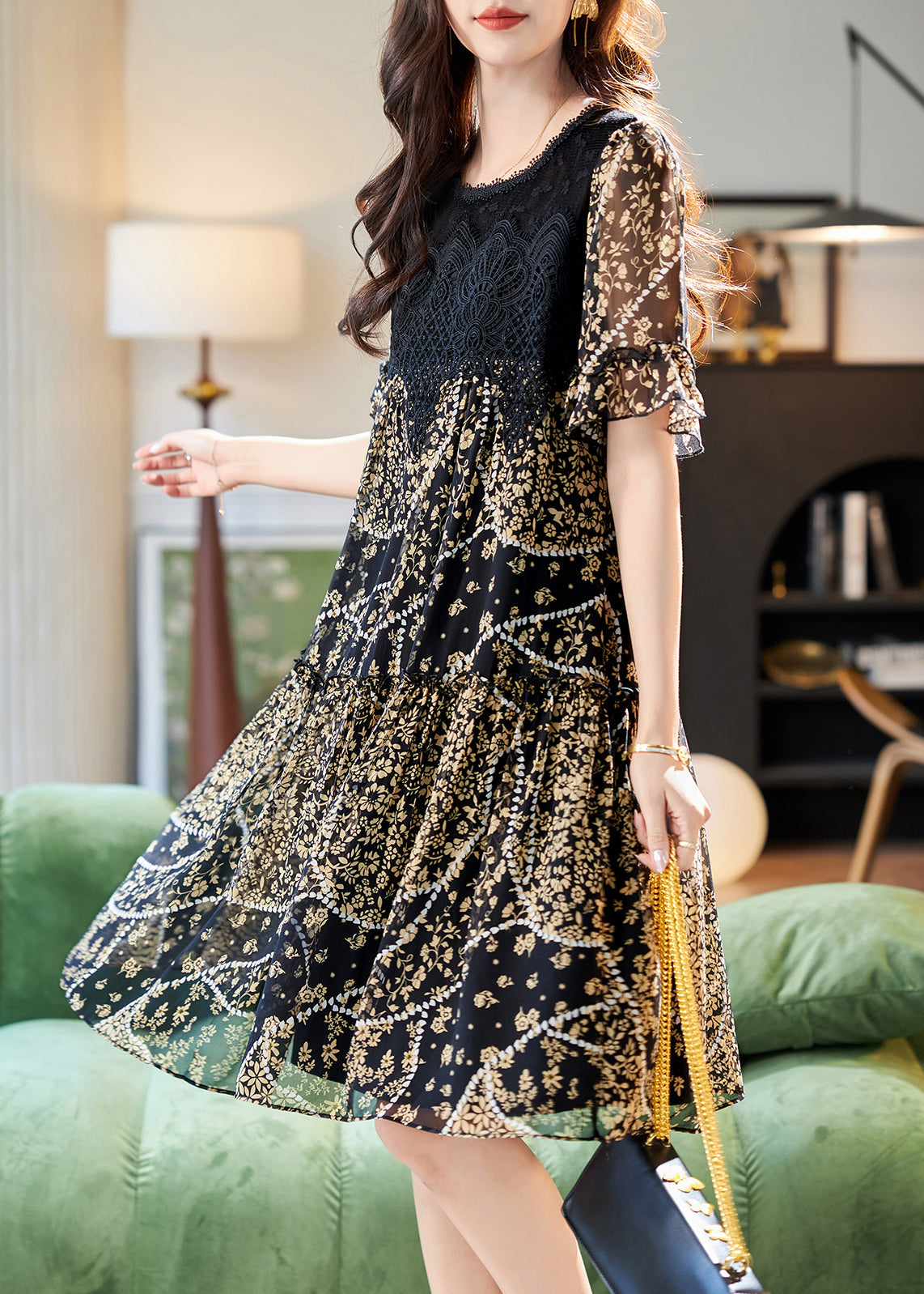 Print Chiffon Sommer O Patchwork Kleid Elegante Spitze Hals Schwarz