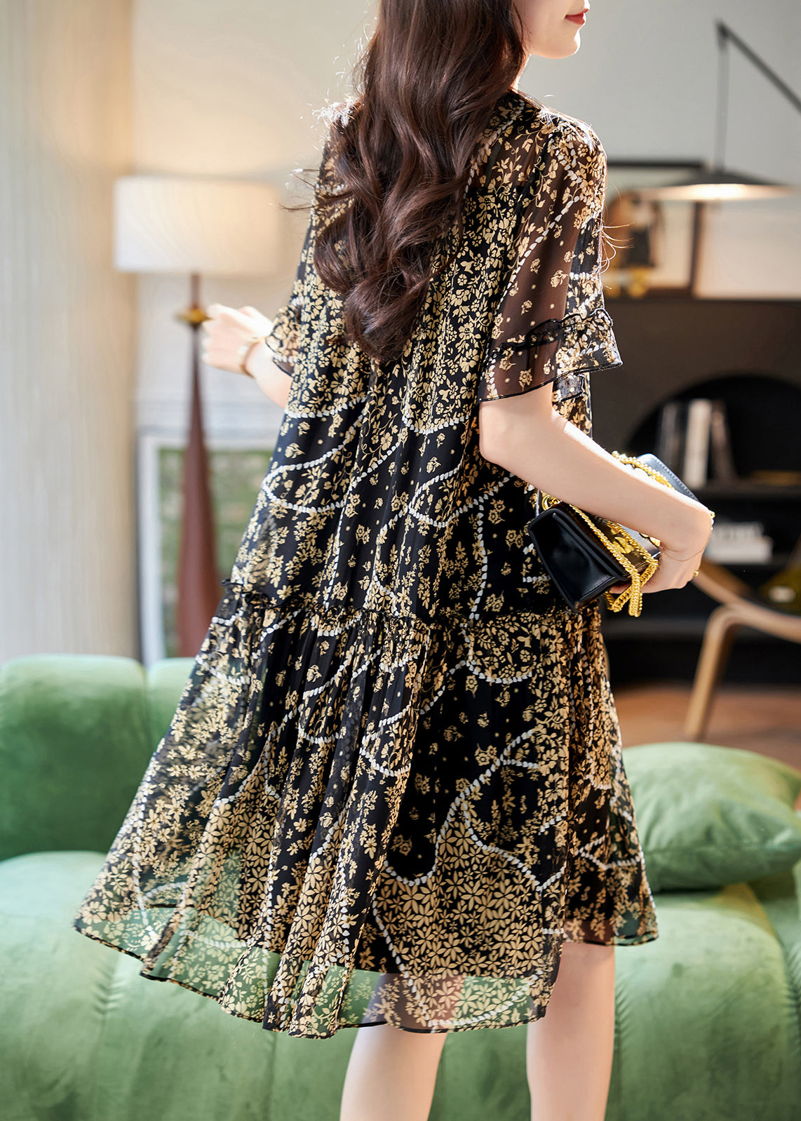 Print Chiffon Sommer O Patchwork Kleid Elegante Spitze Hals Schwarz
