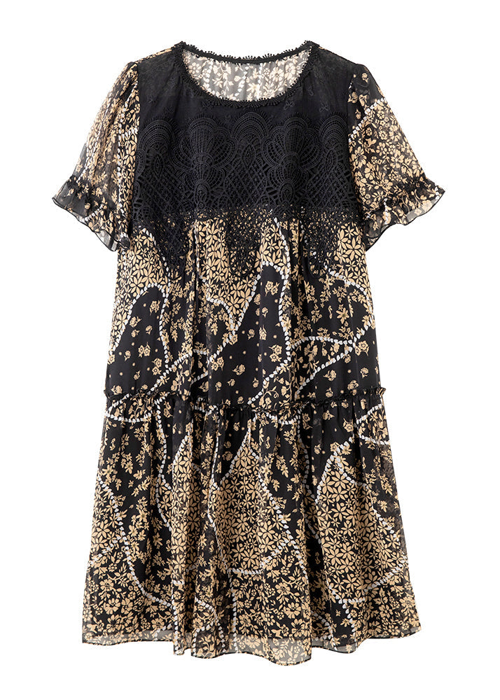Print Chiffon Sommer O Patchwork Kleid Elegante Spitze Hals Schwarz