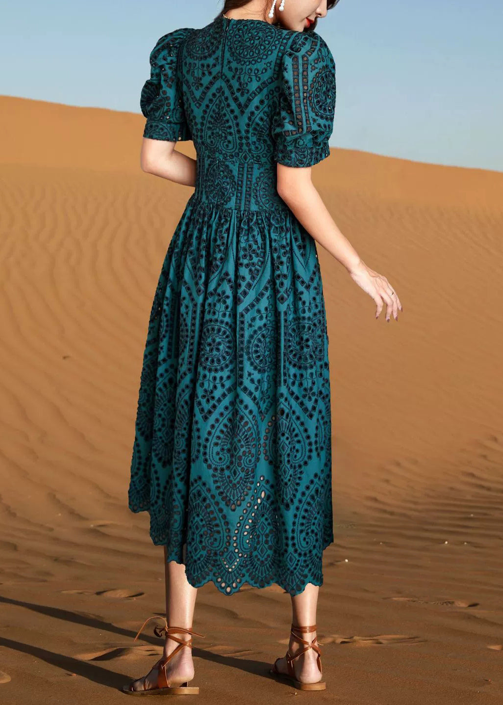 Grün Out Blackish Hollow Baumwolle Sommer Hals Kleider V Elegant
