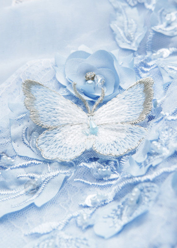 Elegantes blaues Schmetterlings-Blumen-Tüll-Kinder-langes ärmelloses Kleid YS008