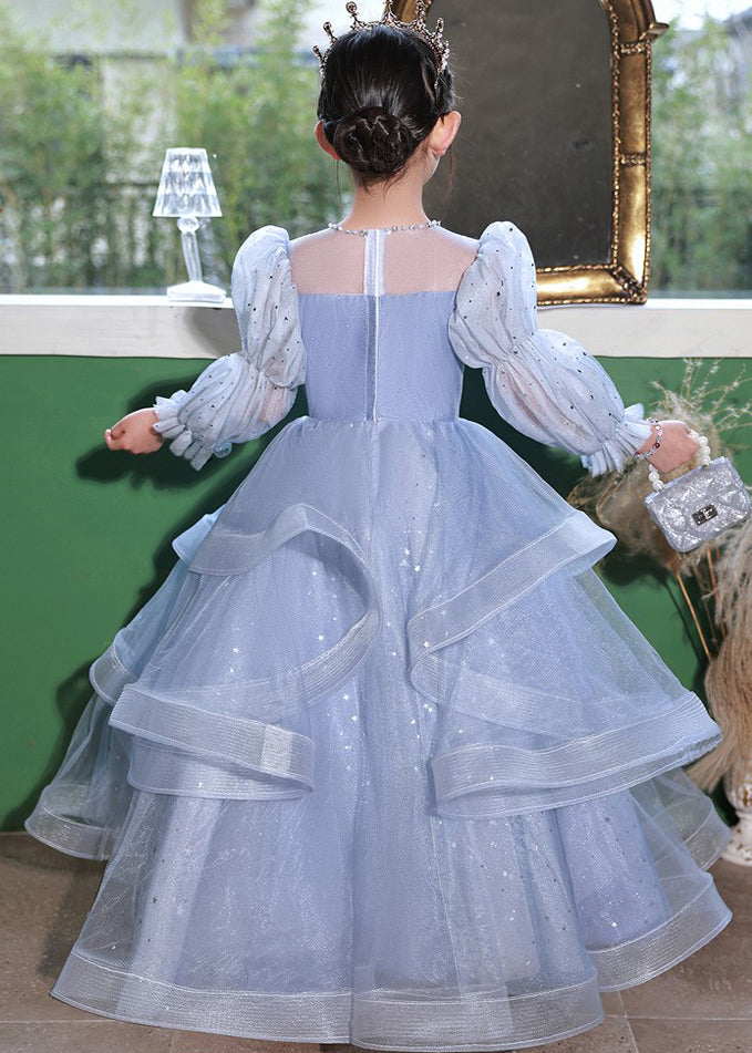 Robe longue bleue élégante à col rond et broderie patchwork en tulle pour enfant, automne RP045