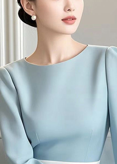 Kleid Frühling Hohe Elegante Baumwolle O Blau Hals Taille Lange