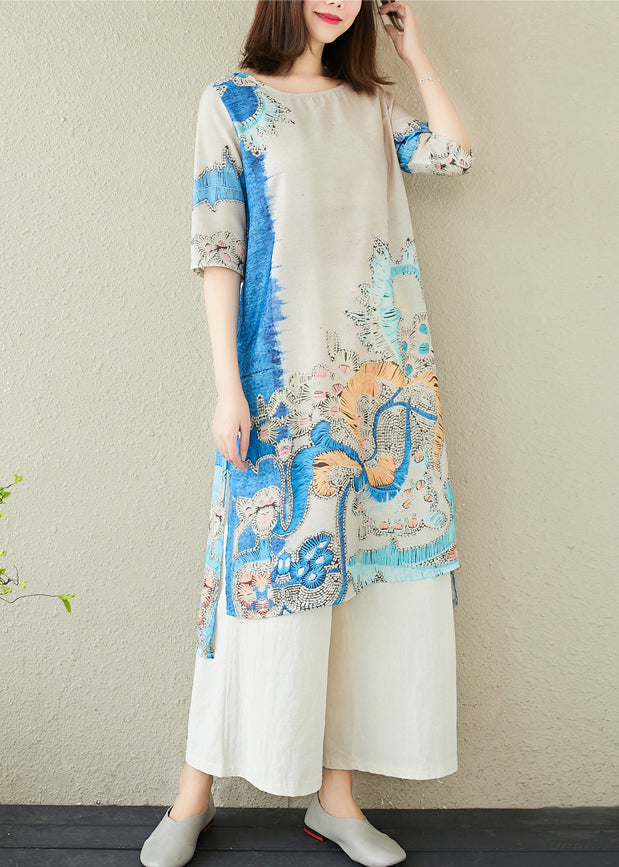 Sommer Oversized Print Elegante Kleider Blau Leinen