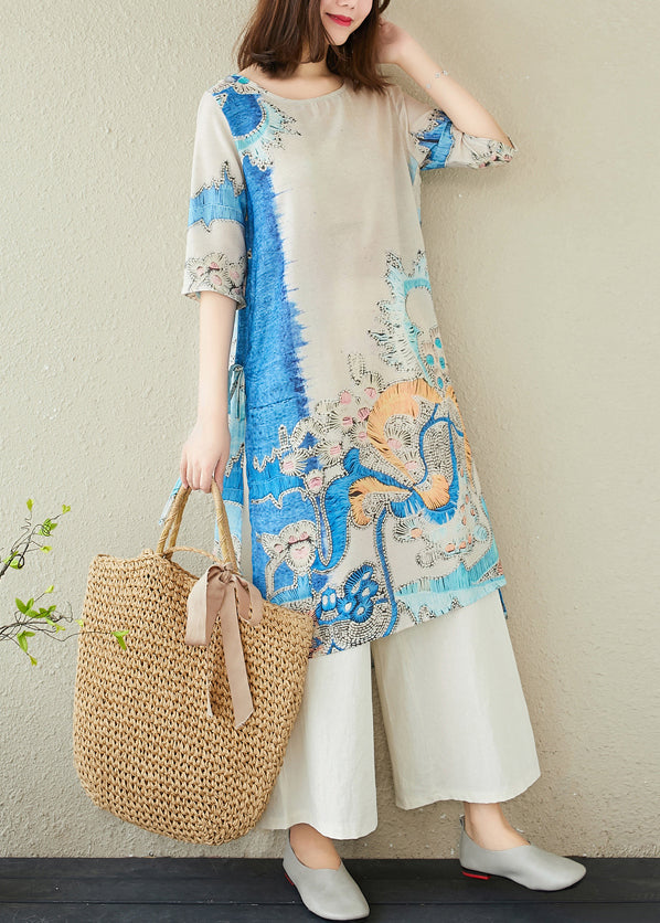 Sommer Oversized Print Elegante Kleider Blau Leinen
