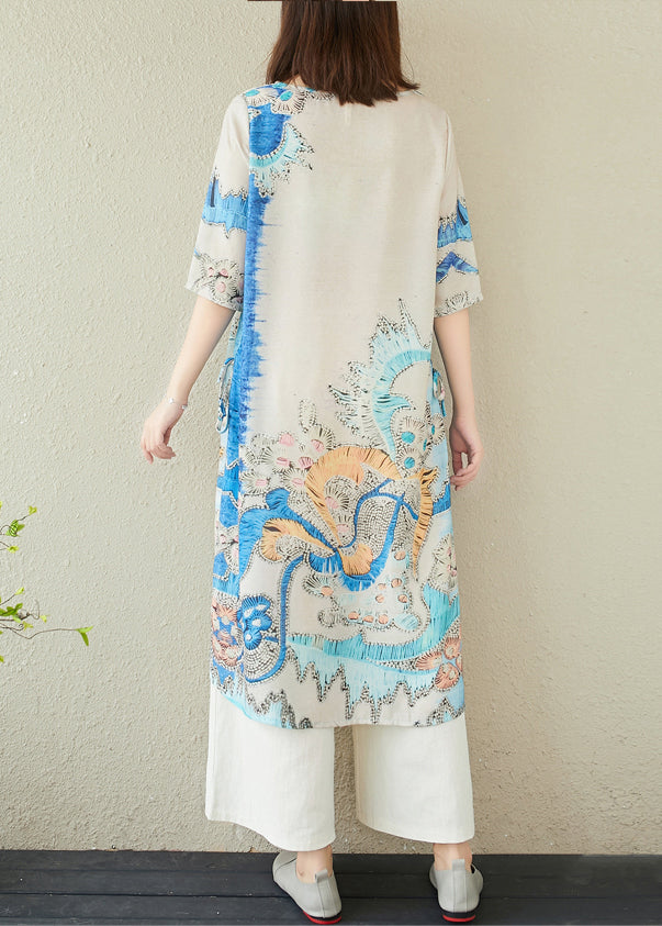 Sommer Oversized Print Elegante Kleider Blau Leinen
