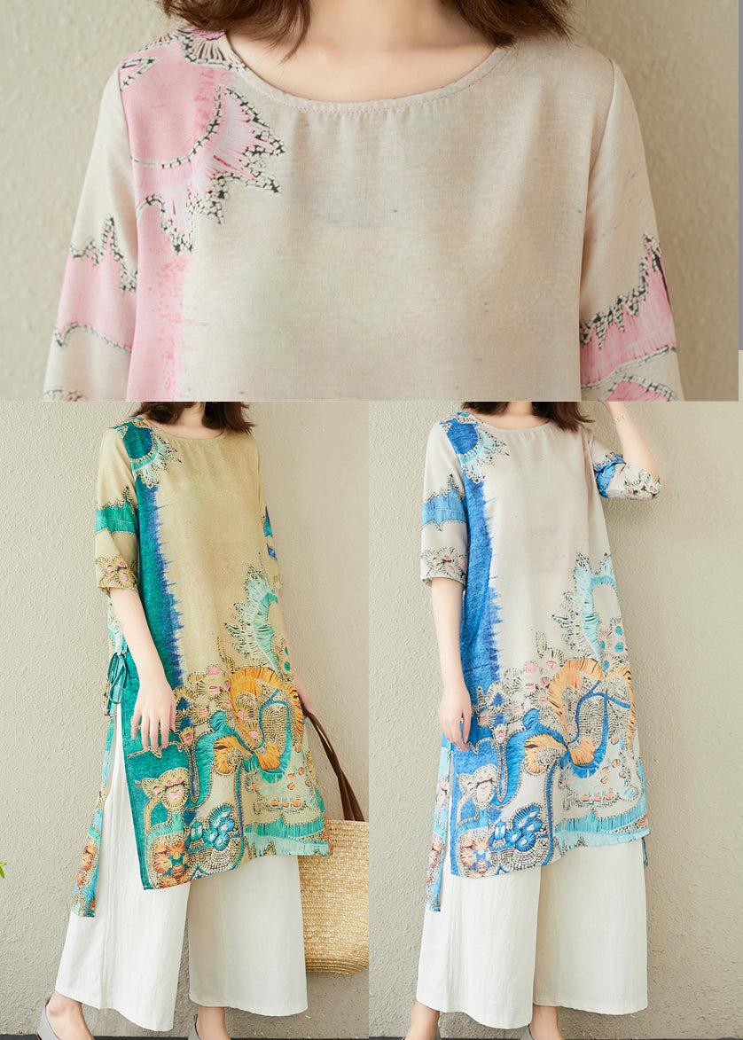 Sommer Oversized Print Elegante Kleider Blau Leinen