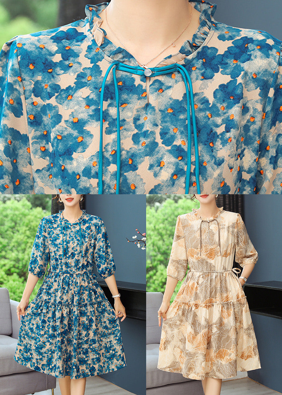 Robe d'été élégante à volants et imprimé tunique bleu