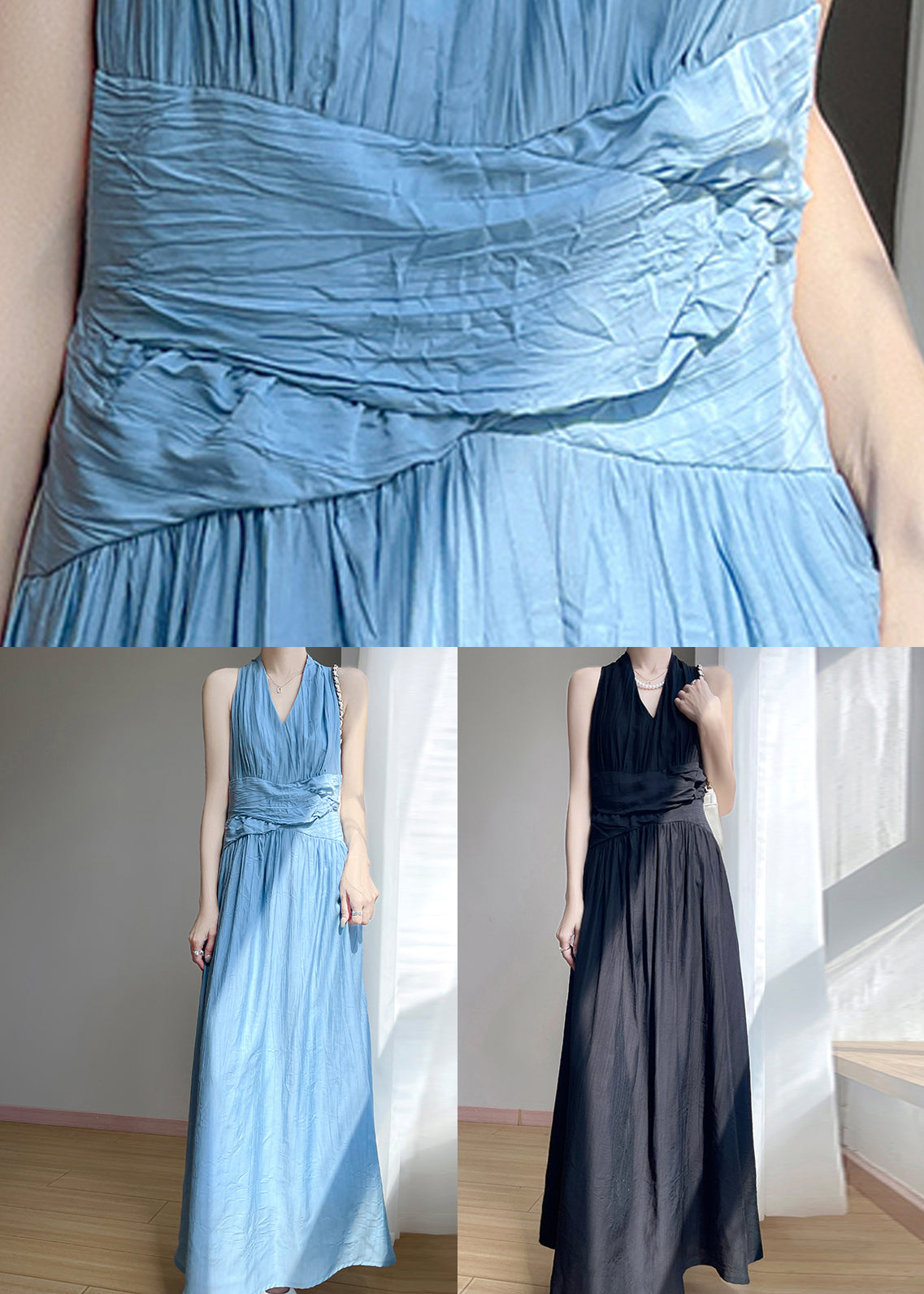 Long Dress Cotton High V Neck Elegant Sleeveless Waist Blue
