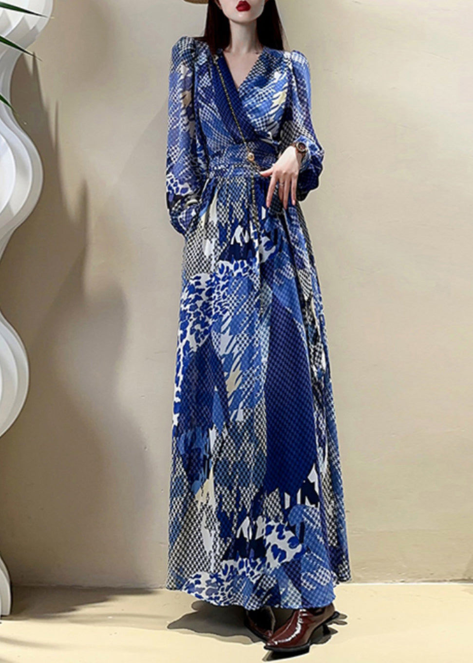 Kleid Maxi Ärmel Elegant Print V Laterne Kordelzug Blau Hals