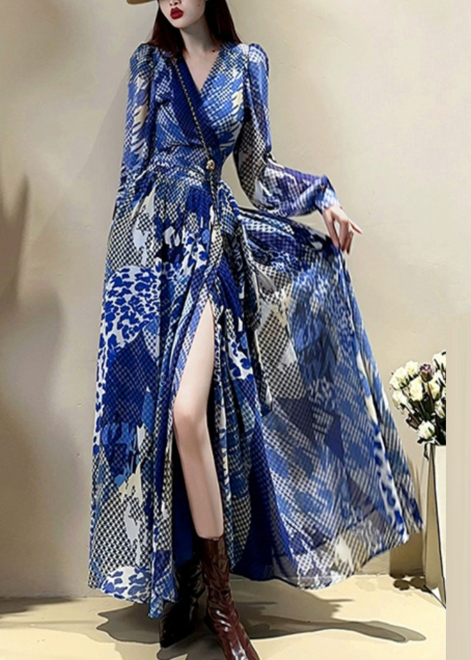 Kleid Maxi Ärmel Elegant Print V Laterne Kordelzug Blau Hals