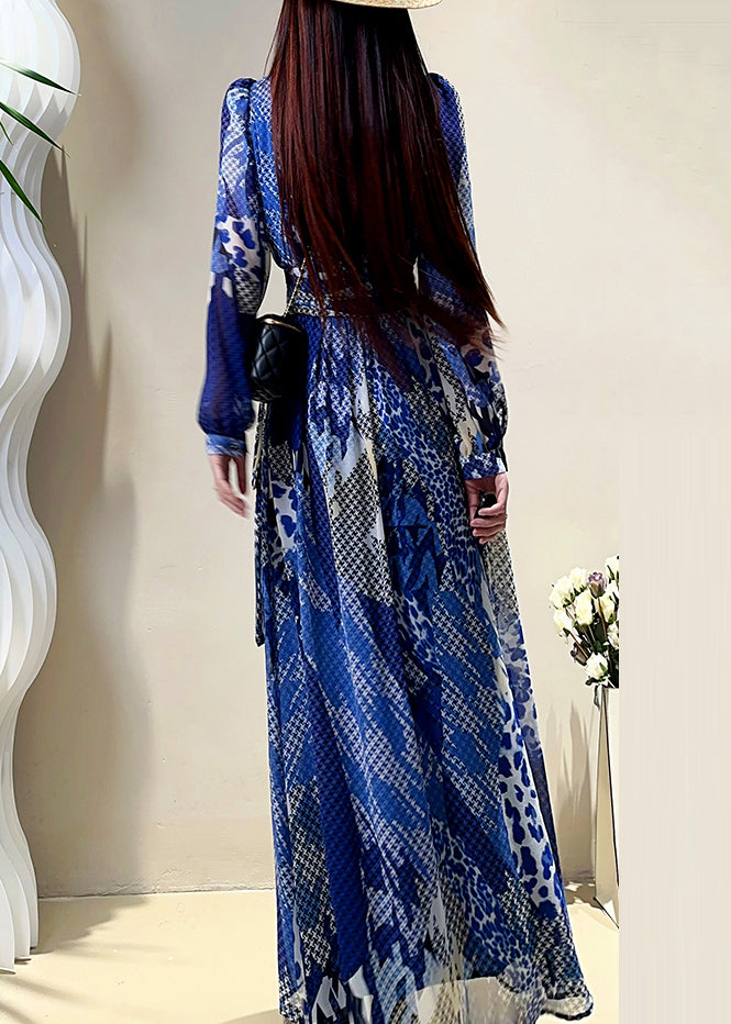 Kleid Maxi Ärmel Elegant Print V Laterne Kordelzug Blau Hals