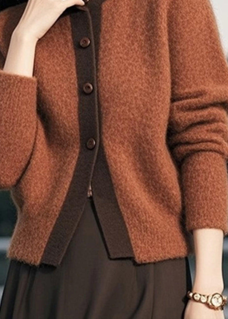 Elegante Braune Stehkragen Knopf Patchwork Strick Cardigans Frühling TO003