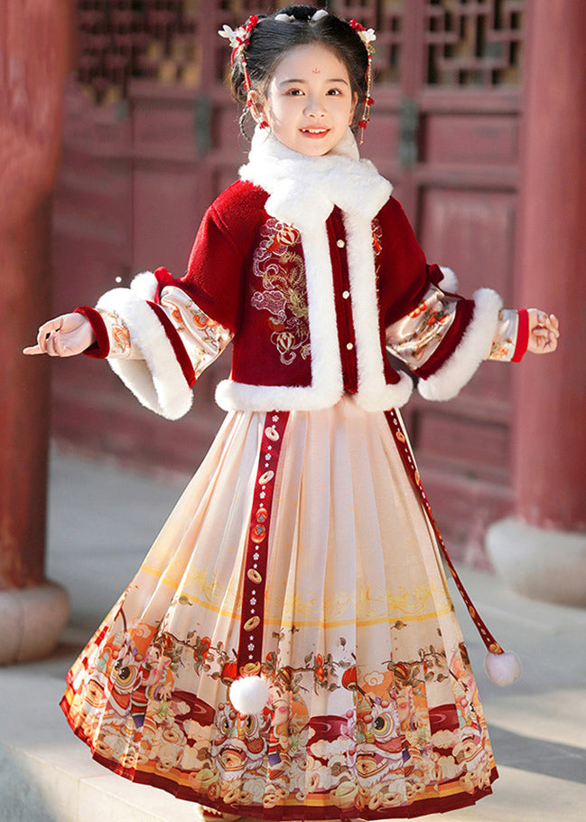 Elegante Champagner Pelz Kragen Taste Kinder Mäntel Und Maxi Röcke Zwei Stücke Set Winter TR006